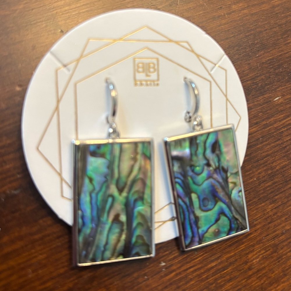 Iridescent Abalone Rectangle Drop Earrings with Huggie Clasp. NEW! - Picture 4 of 5